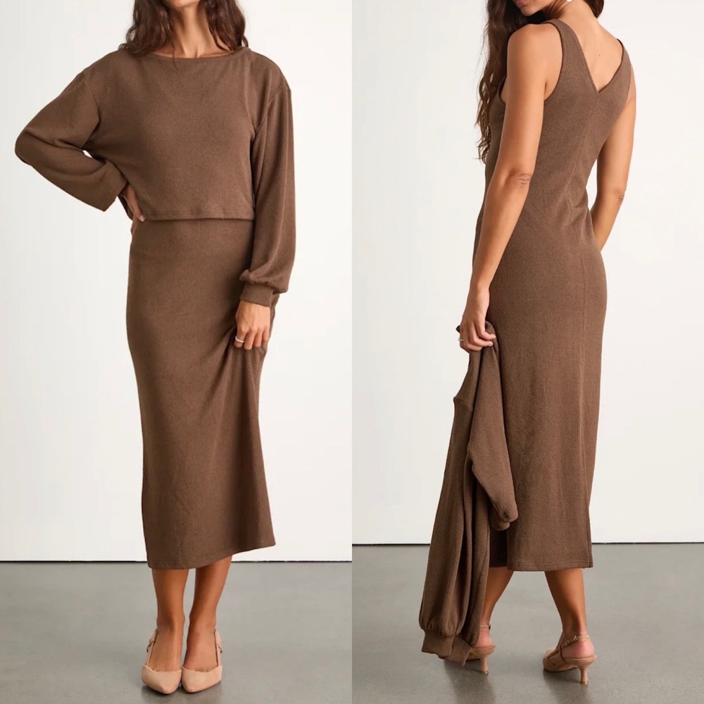NWT Marvelous Match Brown Knit Two-Piece Midi Dress & Sweater Set Size Large